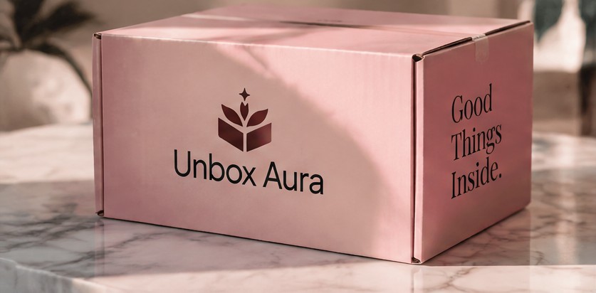 Pink Unbox Aura packaging concept in warm natural light